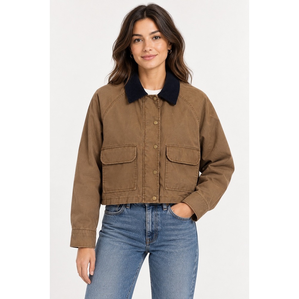 Zara Waxed Jacket Womens Small Brown Contrast Collar Cropped Utility Cotton